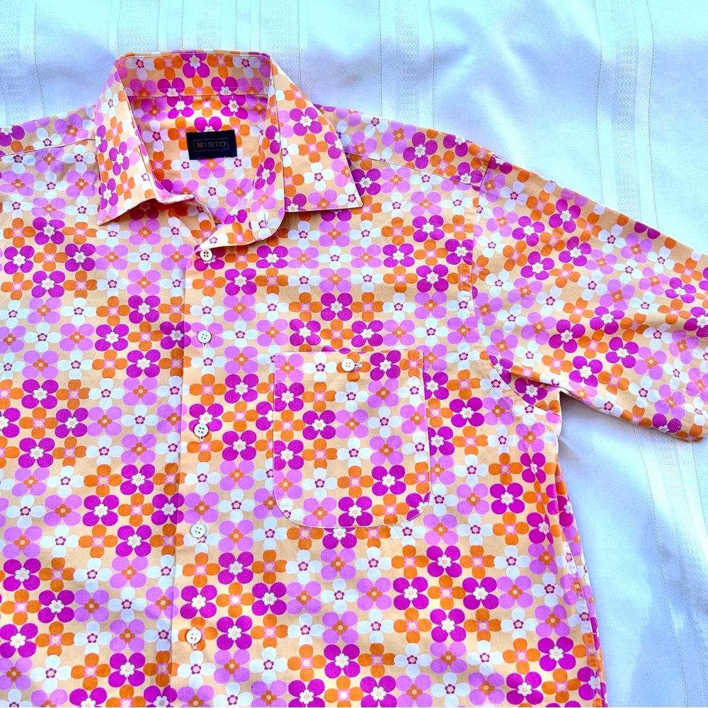 Mirto shirt geometric floral print pink white orange men’s XL Spain 100% cotton